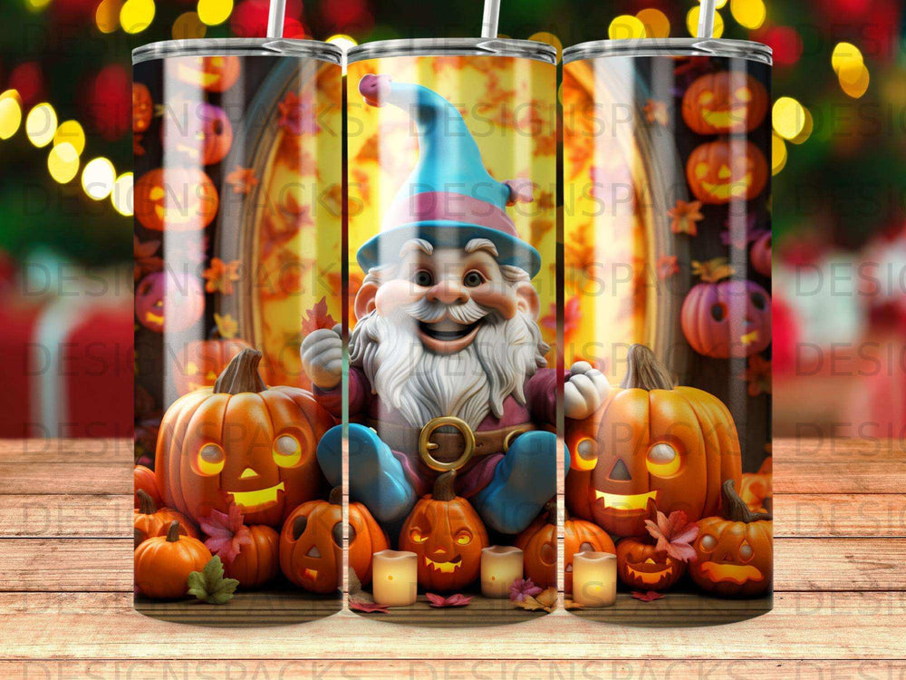 Gnome with pumpkins and jack-o'-lanterns in festive Halloween design.