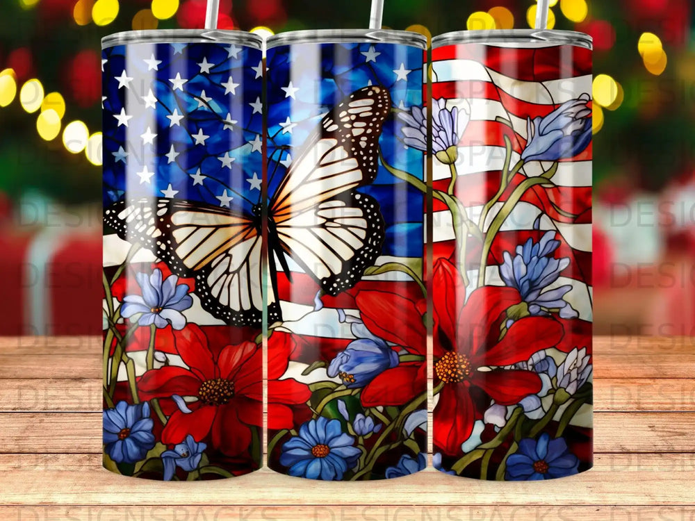 American flag stained glass with monarch butterfly and flowers.