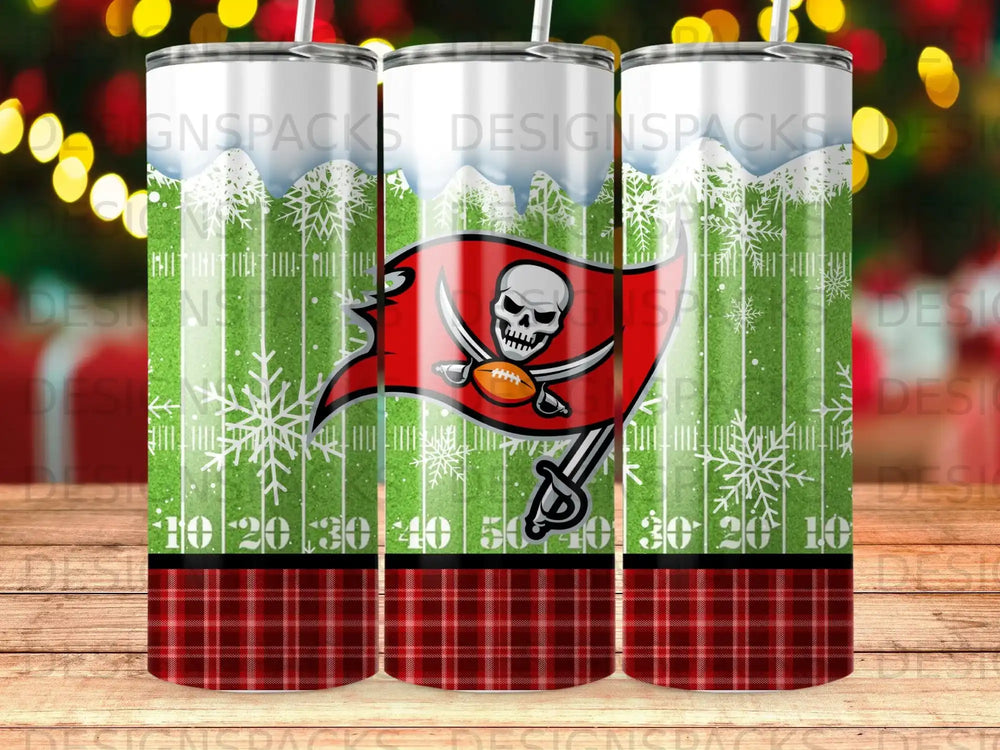 Tampa Bay Buccaneers logo on football field with plaid border.