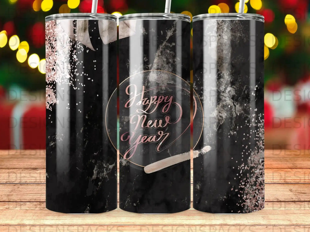 Black marble tumbler with "Happy New Year" in script and rose gold glitter accents.