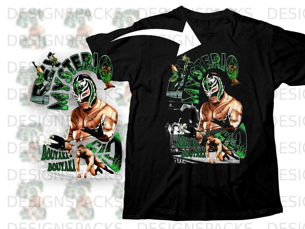 Black t-shirt with Rey Mysterio wrestling graphic and "Bouyaki" text.