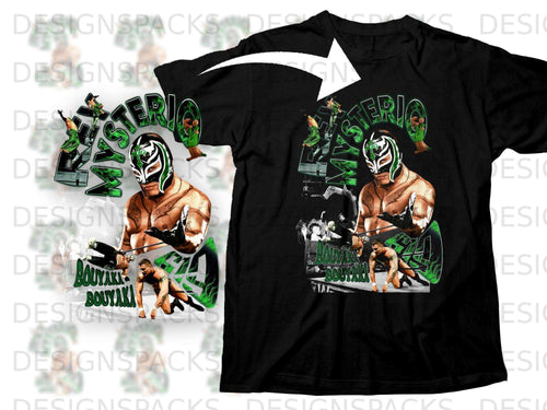 Black t-shirt with Rey Mysterio wrestling graphic and 