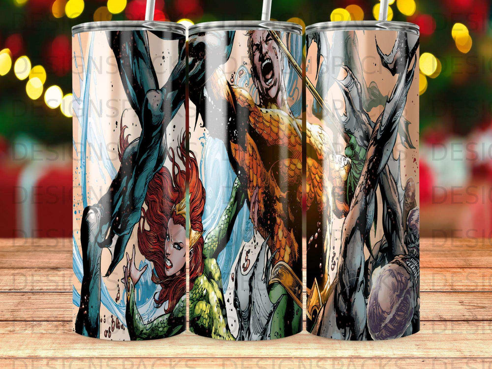 Comic book art of Aquaman and Mera fighting underwater with water effects.