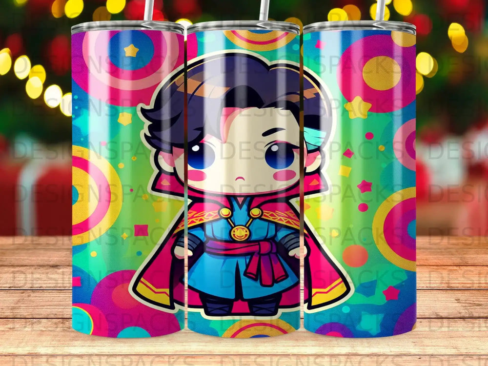 Chibi Doctor Strange character on a colorful, starry background tumbler.