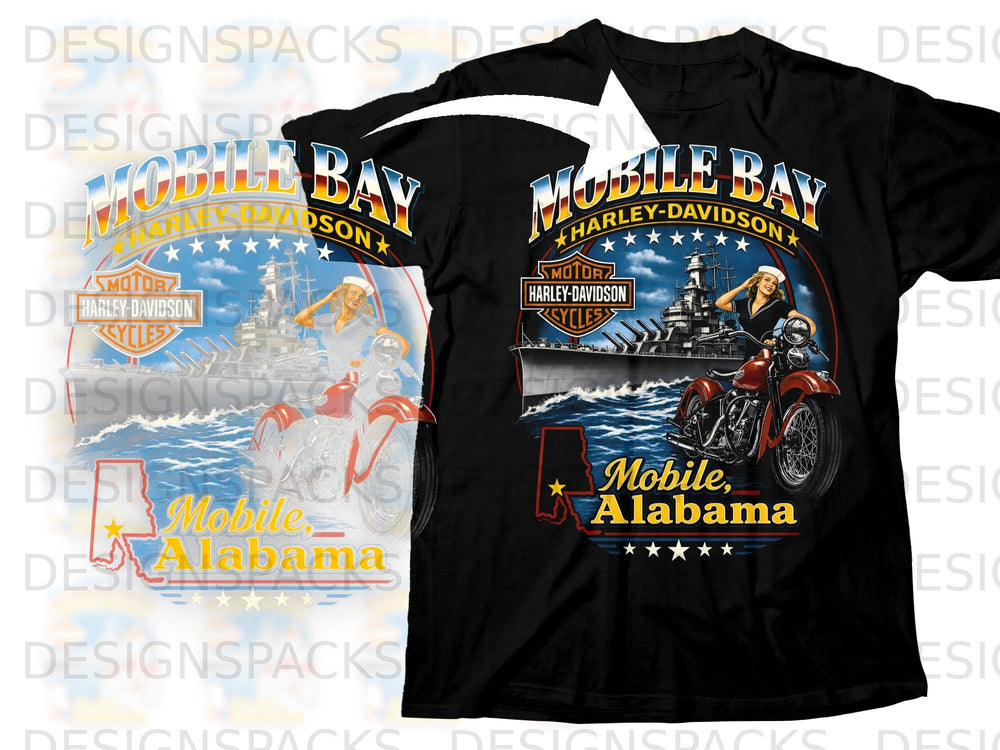 T-shirt with "Mobile Bay Harley-Davidson" and a pin-up girl on a motorcycle with a battleship.