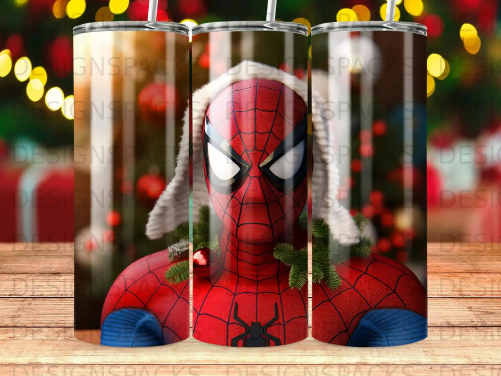 Spider-Man wearing a Santa hat and faux fur trim, with pine sprigs.