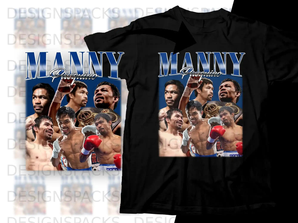 Manny Pacquiao collage graphic on black t-shirt.