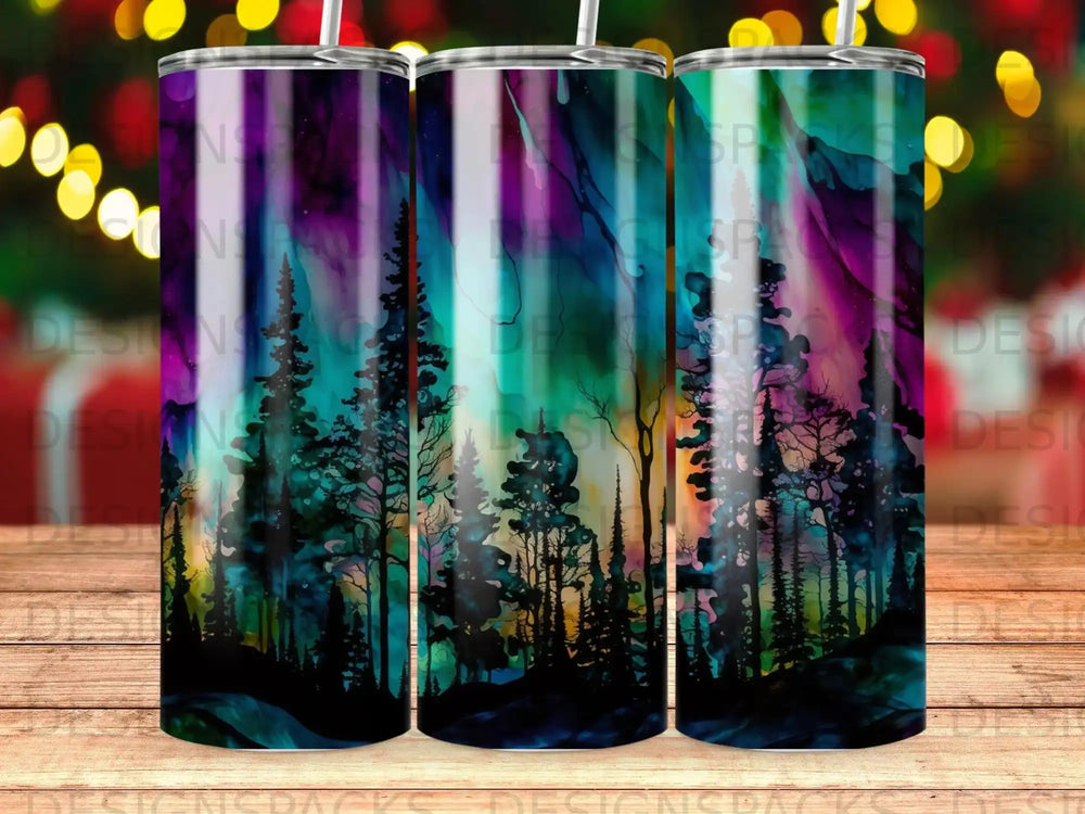 Aurora borealis over a silhouetted pine forest.