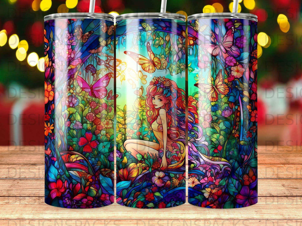 Woman in vibrant floral forest with butterflies, stained glass style.