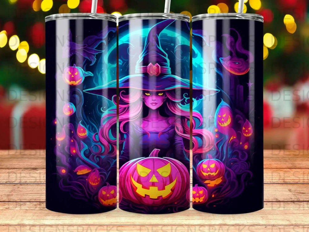 Witch with glowing pumpkins and mystical Halloween scene.