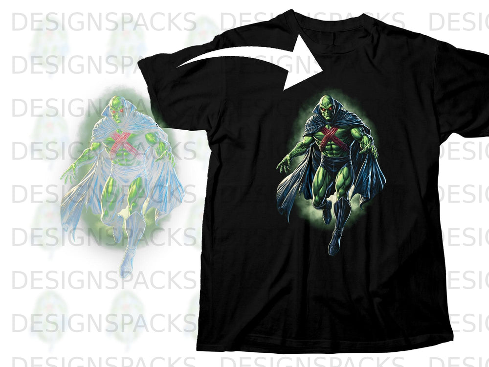 Black t-shirt with a full-color graphic of Martian Manhunter in mid-run.