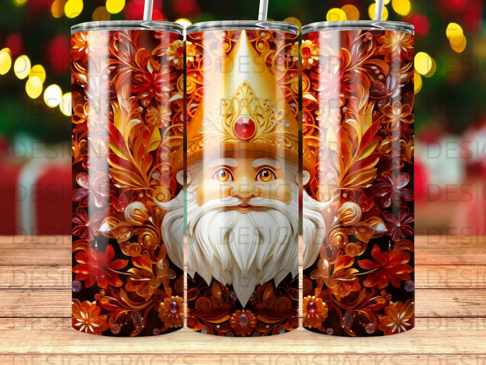 Santa Claus face with ornate red and gold floral pattern.