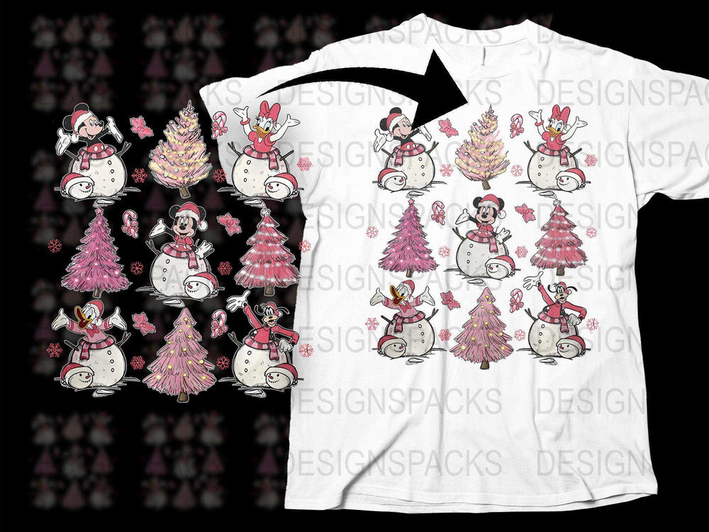 Festive Snowman and Pink Christmas Tree T-Shirt, Cute Holiday Graphic Tee, Winter Apparel for All Ages