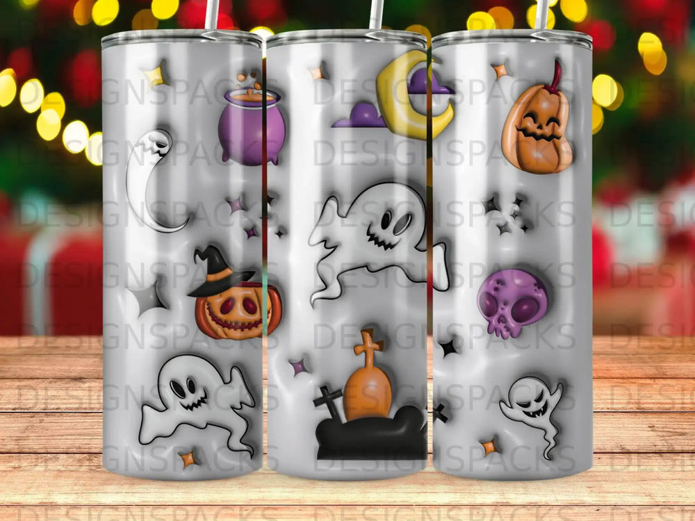 Halloween tumbler with ghosts, pumpkin, and moon designs.