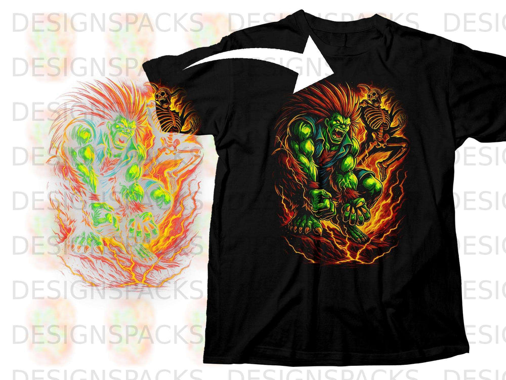 Black t-shirt featuring a graphic of a green monster and a skeleton amidst flames.