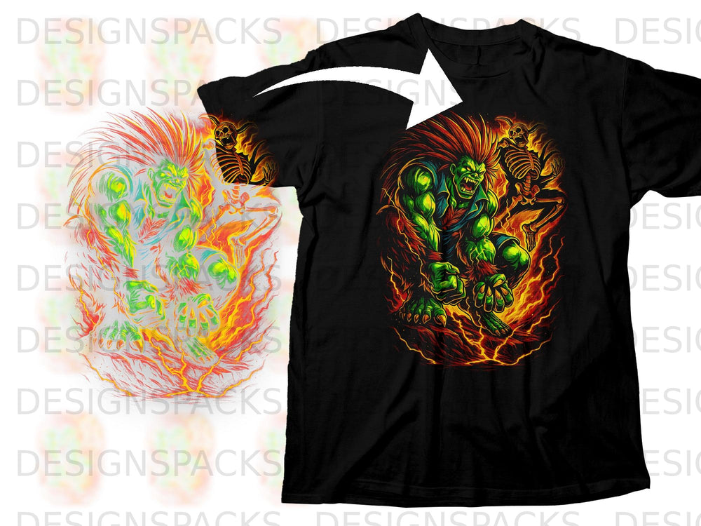 Black t-shirt featuring a graphic of a green monster and a skeleton amidst flames.