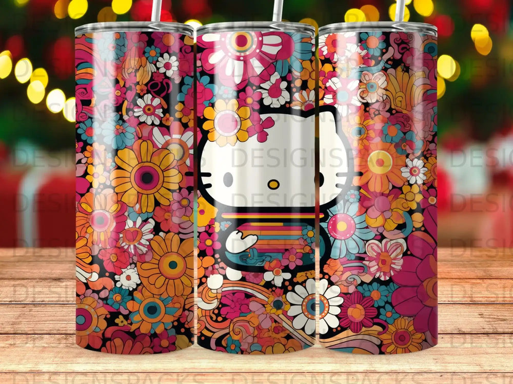 Hello Kitty surrounded by colorful retro floral patterns on a skinny tumbler.