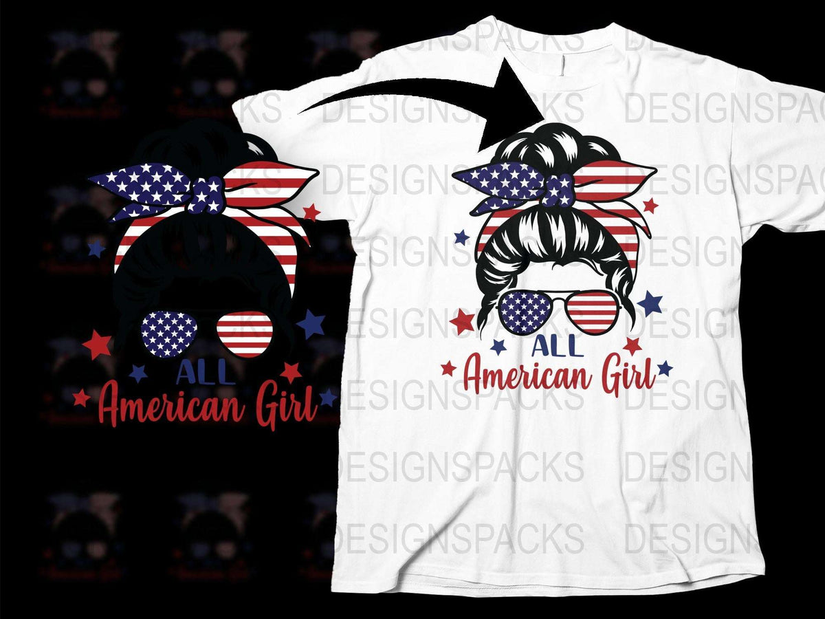 Patriotic American Girl T-Shirt, USA Flag Sunglasses, Stars Stripes Tee, Fourth of July Apparel, Women's Fashion Top