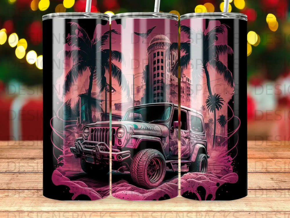 Jeep Wrangler with palm trees and city skyline on a pink background.