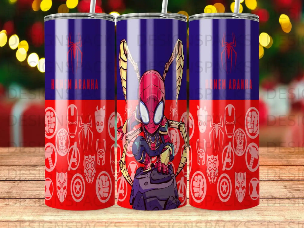 Spider-Man robot on a patterned tumbler with superhero logos.