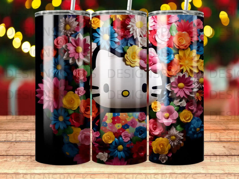 Hello Kitty surrounded by colorful blooming flowers on a black tumbler.