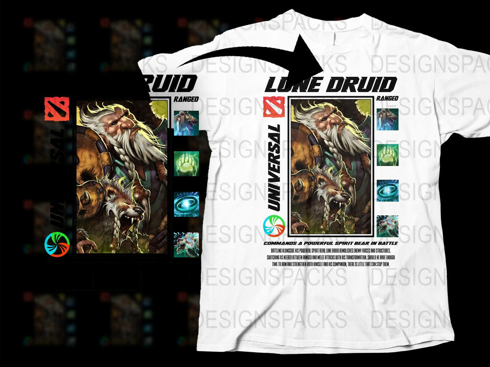 Lone Druid Graphic T-Shirt, Gaming Tee, Dota Inspired Design, Men's White Shirt, Fantasy Art Clothing, Unique Gamer Gift