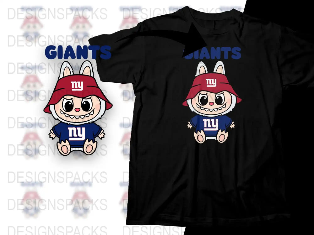 Cute Cartoon Fox Giants Fan T-Shirt, NY Football Team Apparel, Unisex Black Tee