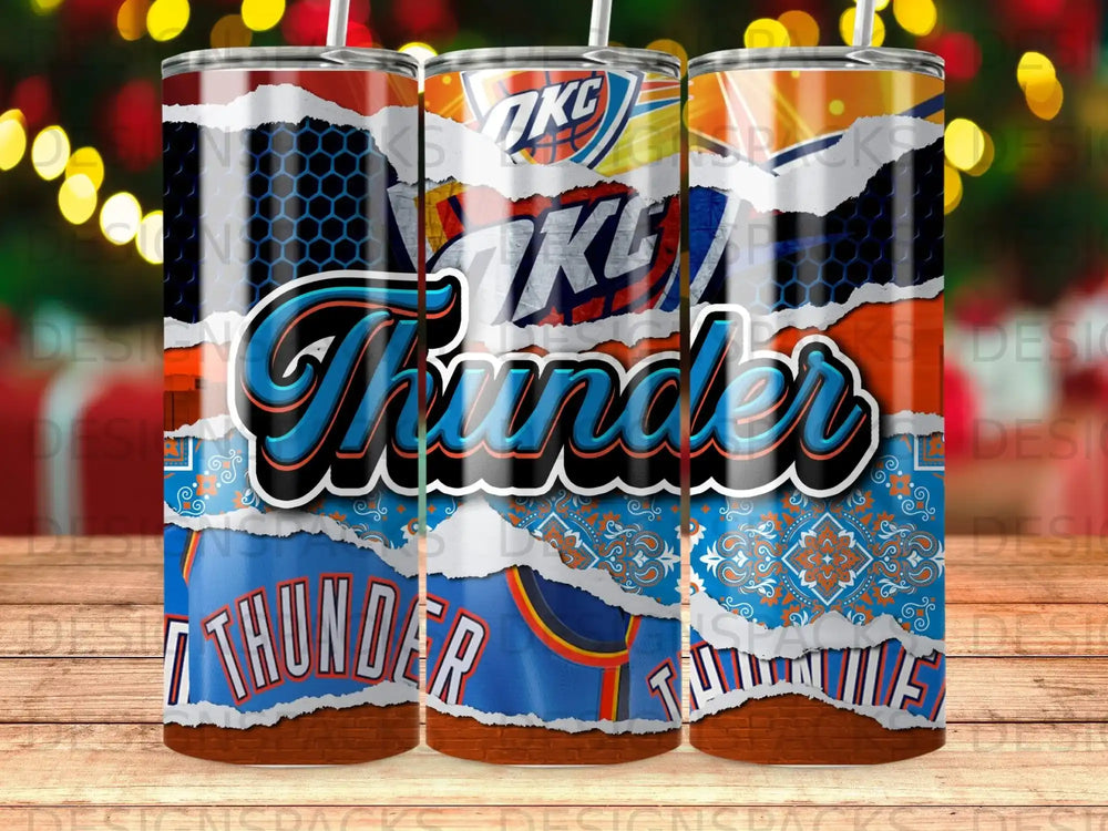 Oklahoma City Thunder tumbler with ripped distressed graphics and team colors.