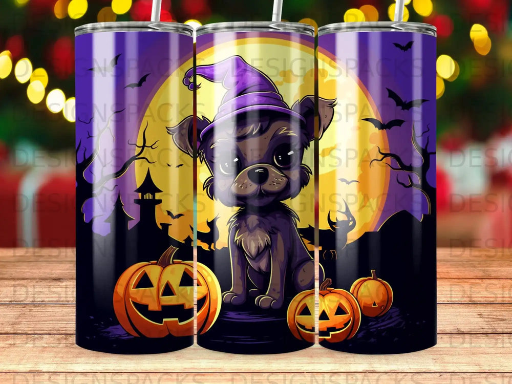 Dark puppy in witch hat with pumpkins and bats on Halloween tumbler.