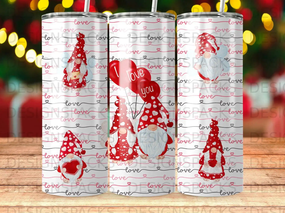 Red and white gnomes and hearts pattern on a tumbler.