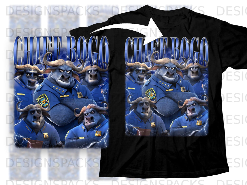 Chief Bogo police buffaloes with text "CHIEF BOGO" on a t-shirt.