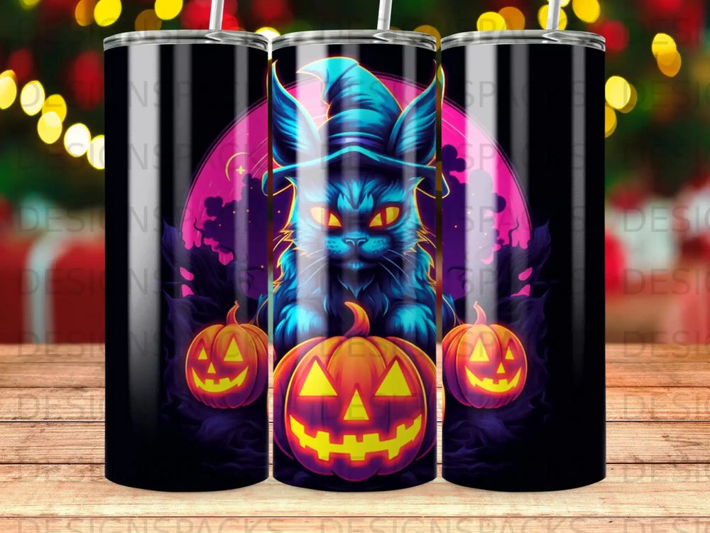 Black cat wearing a witch hat between jack-o'-lanterns.