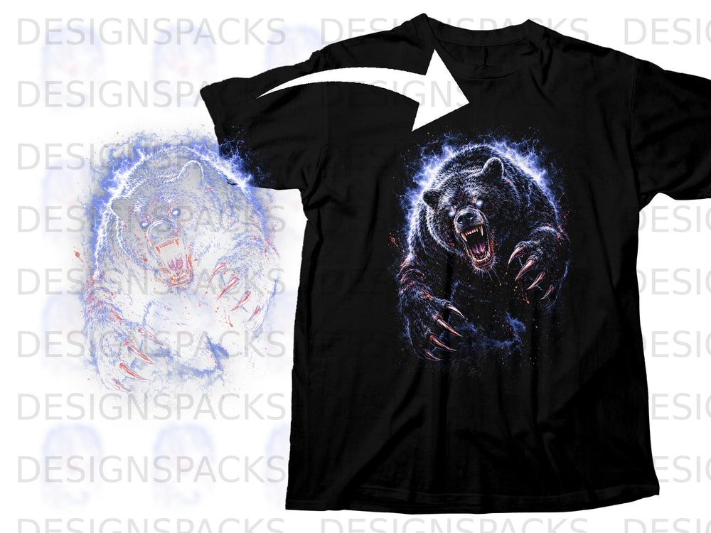 Black t-shirt with a roaring grizzly bear graphic surrounded by blue lightning.