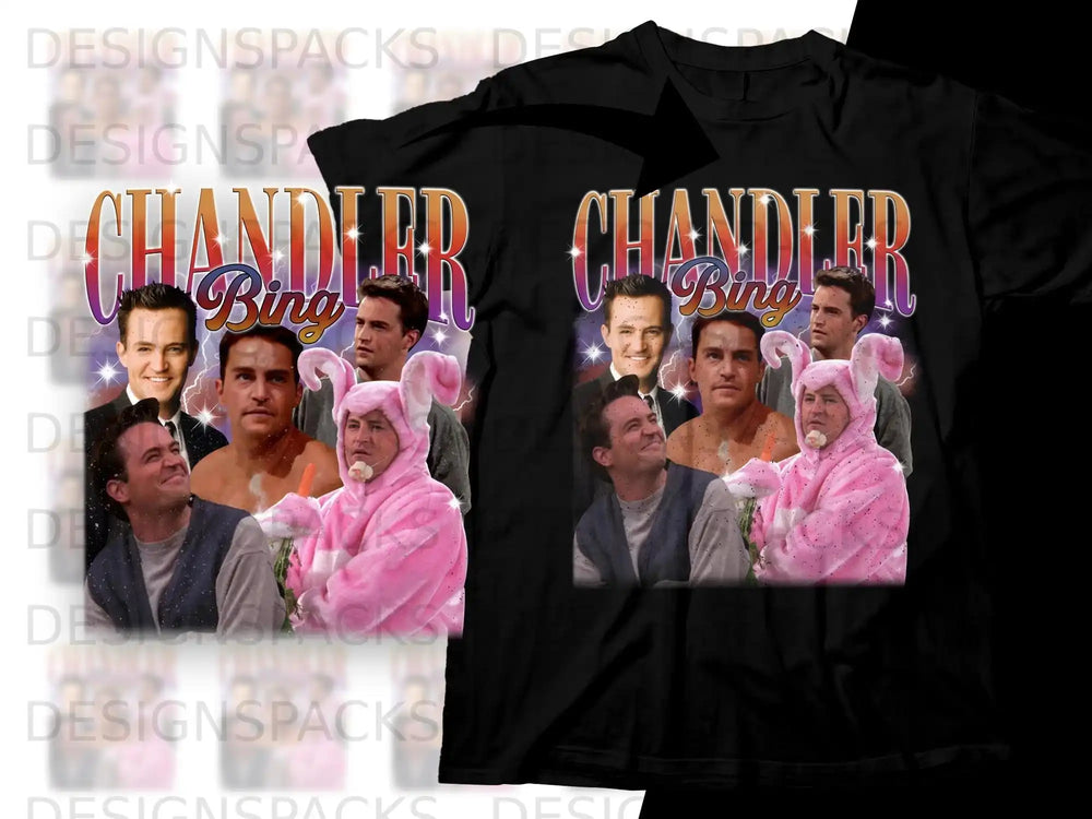 Chandler Bing on a t-shirt with a pink bunny suit and carrots.