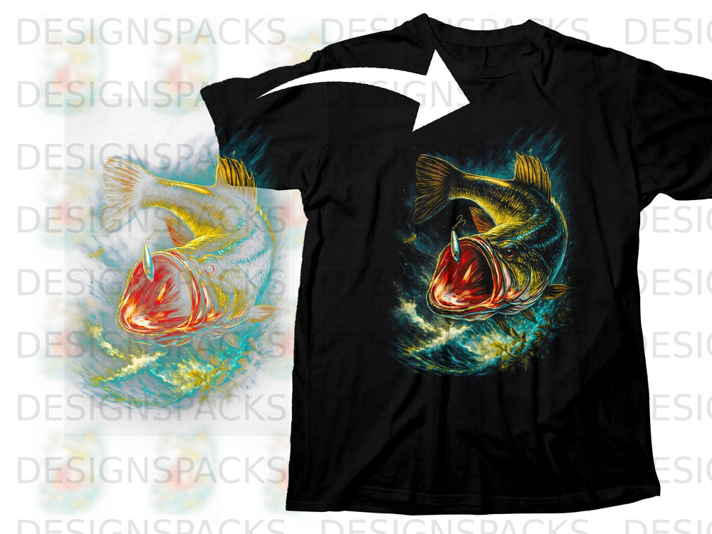 Black t-shirt with a graphic of a bass fish lunging from water, attacking a lure.