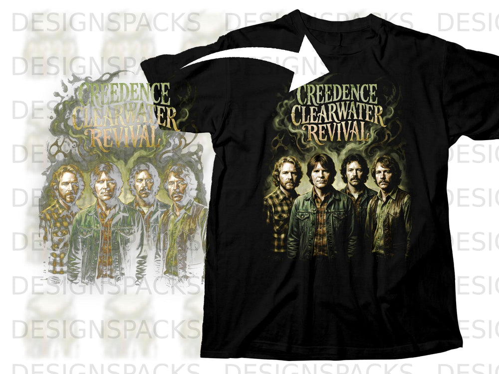 Creedence Clearwater Revival band members graphic on black t-shirt.