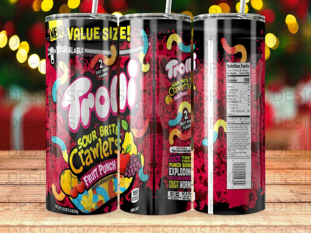 Trolli Sour Brite Crawlers gummi candy in resealable fruit punch flavor pouch.
