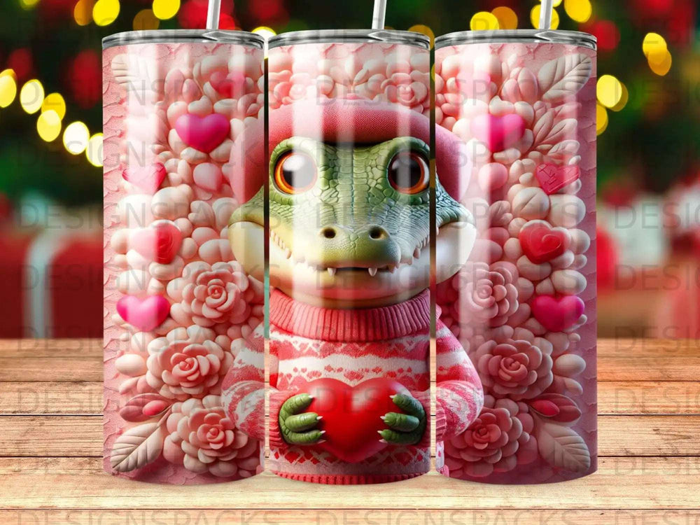 Alligator in sweater holding heart, surrounded by pink roses and hearts.