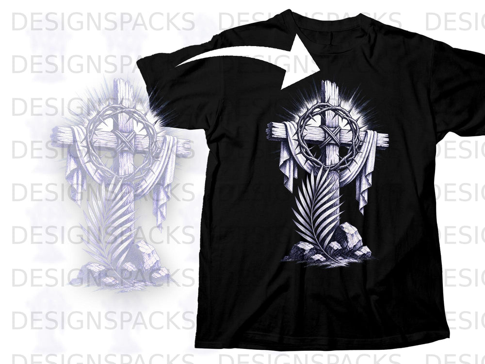 Black t-shirt with a crown of thorns, cross, and palm frond design.