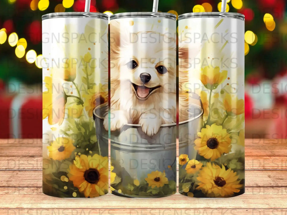 Dog peeking from bucket with sunflowers, **DESIGNSPACKS** watermark.