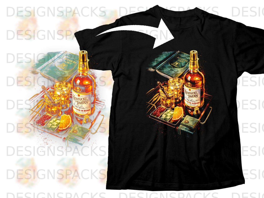 Kentucky Tavern bourbon bottle, two glasses, and bar garnishes on tray with book.