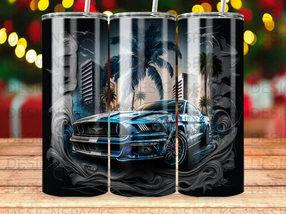 Blue Ford Mustang in a city scene with palm trees.