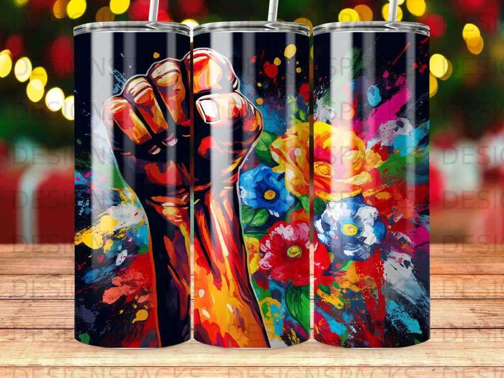 Fist raised in front of colorful abstract floral art.