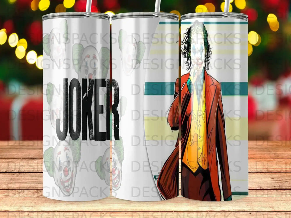 Joker illustration on a white tumbler with text overlay.