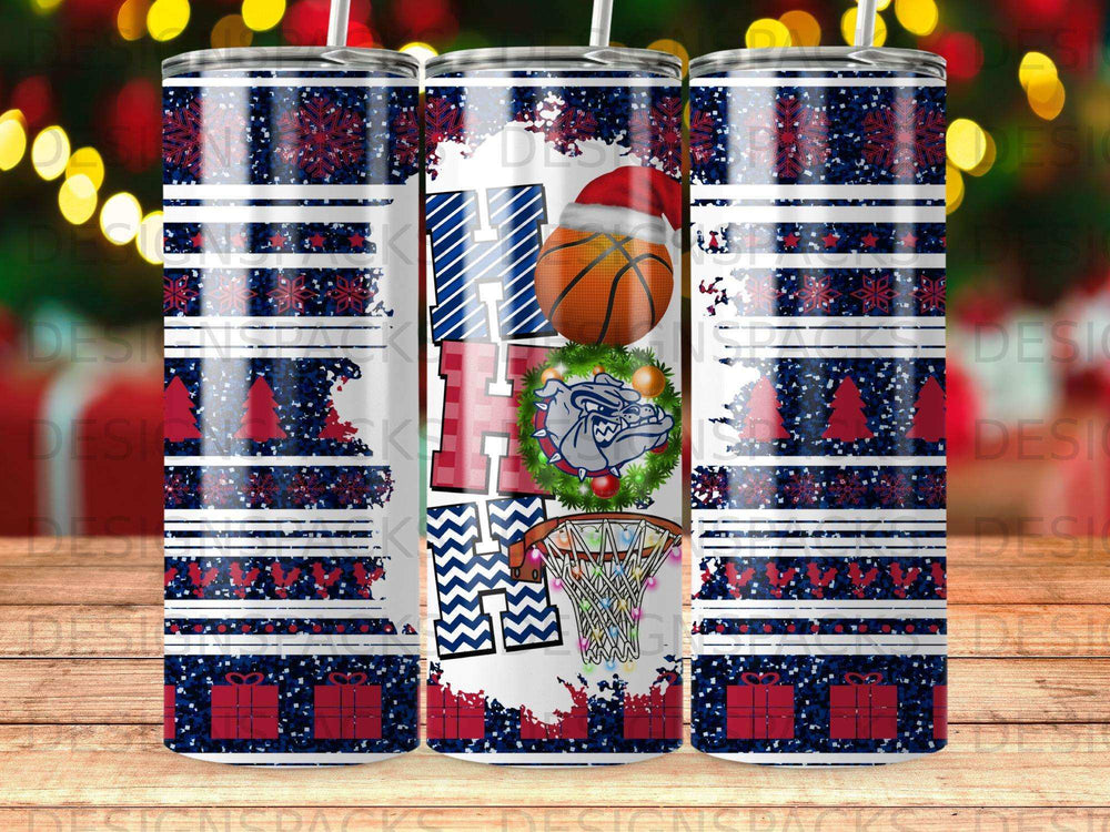 Tumbler with Christmas basketball theme: "Hoops" text, Santa hat, basketball, and festive snowflakes.