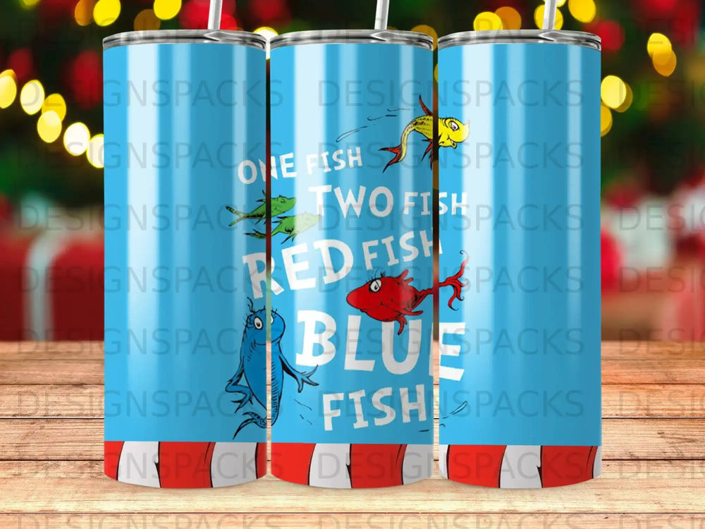 Dr. Seuss "One Fish Two Fish Red Fish Blue Fish" tumbler with repeating logo.