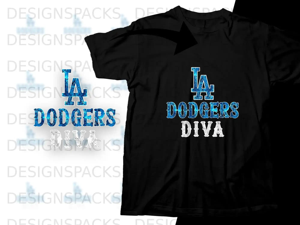 Black t-shirt with blue and white "Dodgers Diva" text design.