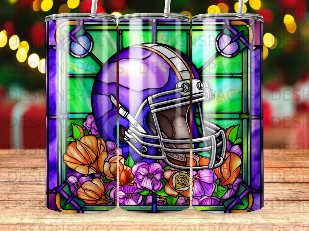 Purple football helmet with stained glass floral design.