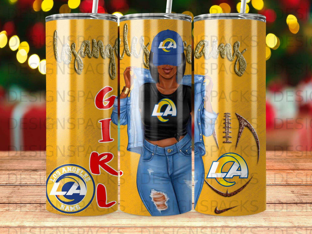 Los Angeles Rams themed tumbler with a woman wearing a denim jacket.