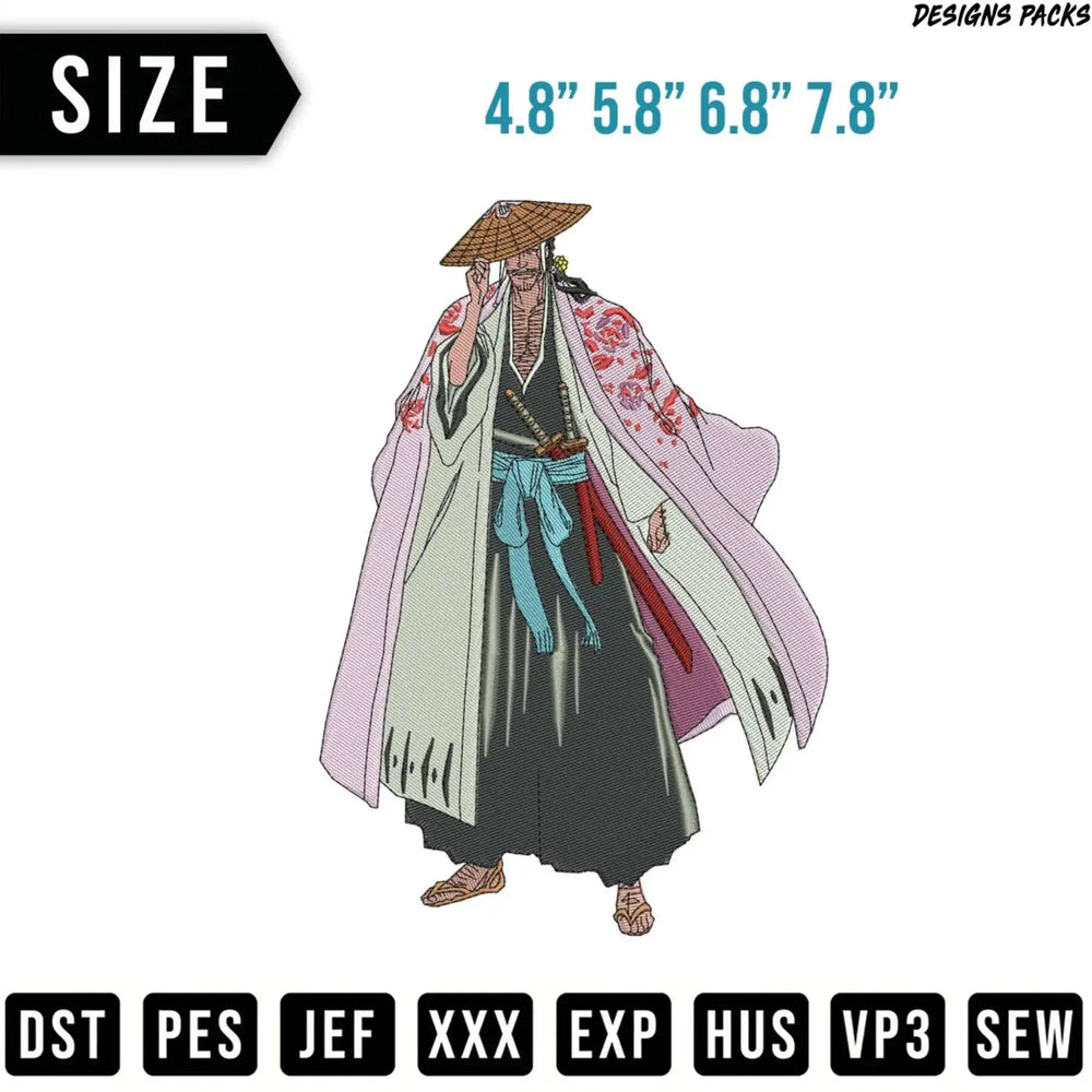 Embroidery design of a character in a kimono with various file format labels.